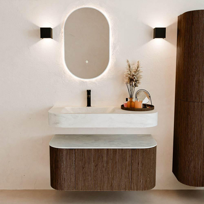 MONDIAZ THOR-DLUX 100cm badmeubel ronding links + rechts kleur Walnut met 1 lade en 2 deuren. Vrijhangende wastafel CLOUD Links 1 kraangat kleur Opalo.
