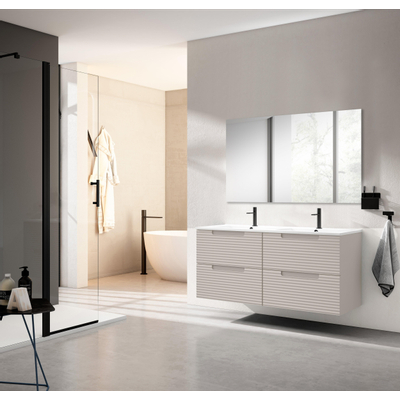 Saniclass Prime Balance Meuble de salle de bain - 120x55x45cm - 2 vasques rectangulaires en céramique blanc - 2 trous de robinet - 4 tiroirs - miroir rectangulaire - mat cotton (beige)