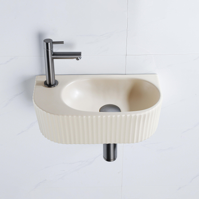 QeramiQ Fuente pack lave-mains – demi-rond – 40 x 21,5 x 12 cm – perçage à gauche – robinet gunmetal – cannelé