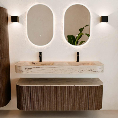 MONDIAZ THOR-DLUX 140cm meuble de salle de bains arrondi gauche + droite couleur Walnut avec 1 tiroir et 2 portes. Vasque suspendue CLOUD Double 2 trous de robinet couleur Arena.