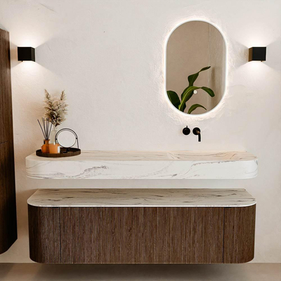 MONDIAZ THOR-DLUX 160cm meuble de salle de bains arrondi gauche + droite couleur Walnut avec 1 tiroir et 2 portes. Vasque suspendue CLOUD Droite sans trou de robinet couleur Nata.