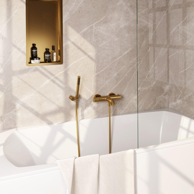 BRAUER Stripe Baddouche Thermostaatkraan - SET 03 - opbouw - wandhouder - staaf handdouche - doucheslang - goud geborsteld PVD
