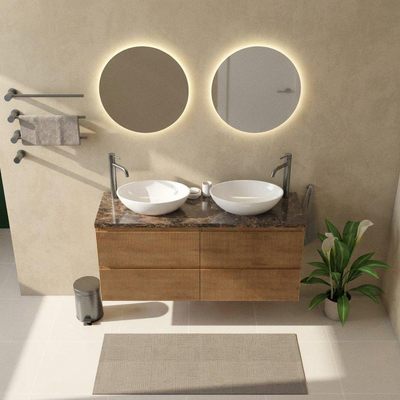 Saniclass Holz Atelier Ensemble de meuble de salle de bains - 140x45x63cm - Plan de travail en pierre naturelle Noche dark emperador - 2 trous de robinet - 4 tiroirs - chêne natural mat (bois)