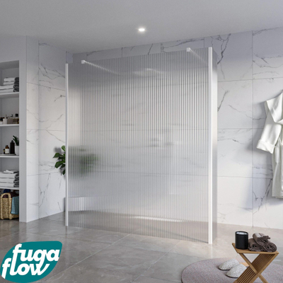 FugaFlow Eccelente Vetro Douche à l'italienne libre - 180x200cm - Clair strié - anti-calcaire - verre de sécurité 8mm - 2 parois latérales 30cm - avec bras muraux et profils d'angle - Blanc mat -