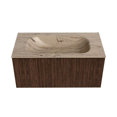 MONDIAZ KURVE-DLUX 90cm badmeubel kleur Walnut met 1 lade en 0 deuren. Wastafel BIG SMALL Midden 1 kraangat Arena.