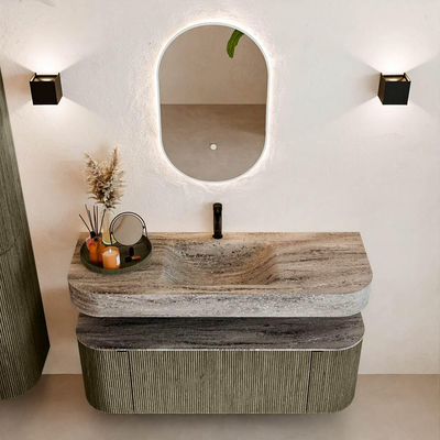 MONDIAZ THOR-DLUX 130cm meuble de salle de bains arrondi gauche + droite couleur Shadow avec 1 tiroir et 2 portes. Vasque suspendue CLOUD Milieu 1 trou de robinet couleur Oza.