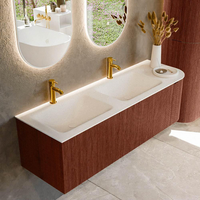 Mondiaz KURVE Badkamermeubelset - 145x46x40cm - 1 lade - 1 deur - wastafel solid surface - dubbel / links - 2 kraangaten - Ruby