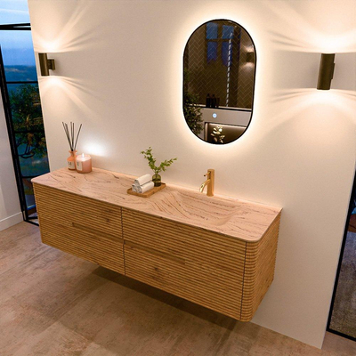 Mondiaz CIRO-DLUX Ensemble de meubles de salle de bains - 170x45x50cm - Plan vasque en solid surface Arena - 1 vasque à droite - 1 trou de robinet - 4 tiroirs - Chêne