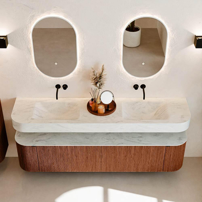 MONDIAZ THOR-DLUX Meuble de salle de bains 190cm arrondi gauche + droite couleur Ruby avec 2 tiroirs et 2 portes. Vasque suspendue CLOUD Double sans trou de robinet couleur Opalo.