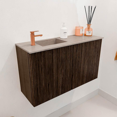 Mondiaz JOYA-DLUX 70cm toiletmeubel - kleur Walnut - Wastafel FAYE positie Links 1 kraangat kleur Saba.