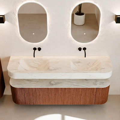 MONDIAZ THOR-DLUX 170cm meuble de salle de bains arrondi gauche + droite couleur Ruby avec 1 tiroir et 2 portes. Vasque suspendue CLOUD Double sans trou de robinet couleur Ostra.