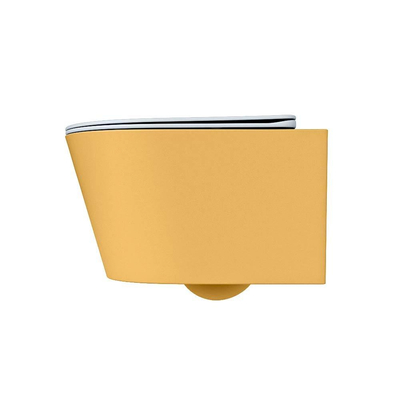 Mondiaz LAVIE WC suspendu – sans bride – 36 x 53 cm – avec abattant softclose – Ocher (jaune), abattant Clay (bleu clair/gris)