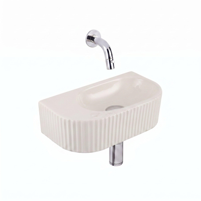 QeramiQ Fuente Fontein - 40x22x12cm - ribbel - halfrond - zonder fonteinkraangat - keramiek - fonteinkraan chroom - verlaagd sifon - afvoerplug - linnen