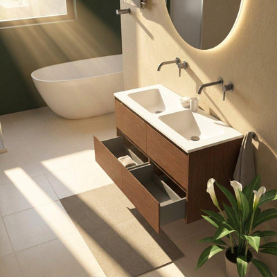 Saniclass Holz Pure Ensemble de meubles de salle de bains - 120x45x77.5cm - lavabo Torino en solid surface blanc - sans trou de robinet - 4 tiroirs - noyer pure mat (bois)