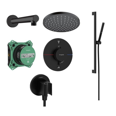 Hansgrohe ShowerSelect Douche pluie - partie encastrable - robinet thermostatique - pommeau - Ecosmart - bras de douche - douchette stick avec support - barre curseur - flexible - curseur - Noir mat