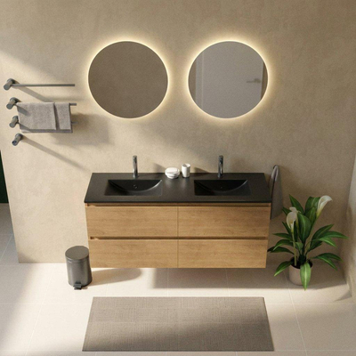 Saniclass Holz Pure Ensemble meuble de salle de bains - 140x45x62cm - Lavabo Vygo en céramique noir - 2 vasques - 2 trous de robinet - 4 tiroirs - chêne naturel mat (bois)