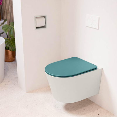 Mondiaz LAVIE hangtoilet – spoelrandloos – 36 x 53 cm – met softclose zitting – Linen (offwhite), zitting Smag (groen)