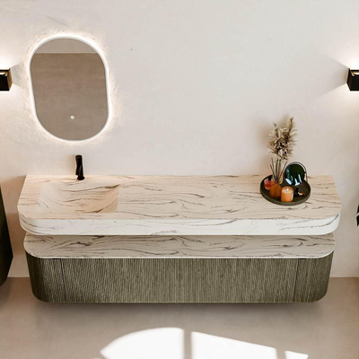 MONDIAZ THOR-DLUX 200cm meuble de salle de bains arrondi gauche + droite couleur Shadow avec 2 tiroirs et 2 portes. Vasque suspendue CLOUD Gauche 1 trou de robinet couleur Nata.