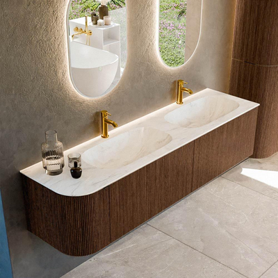 MONDIAZ KURVE-DLUX 175cm badmeubel met module 25 L kleur Walnut met 2 lades en 1 deur. Wastafel STOR SMALL dubbel / rechts 2 kraangaten kleur Ostra.