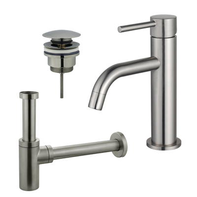 FugaFlow Eccelente Sobrado Slim Slim Kit mitigeur lavabo - robinet bas - bonde clic clac - siphon design - PVD Inox brossé
