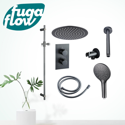 FugaFlow Eccelente Sobrado Badkamer Inbouw Regendoucheset - thermostatisch - plafondarm -glijstang - 25cm hoofddouche -handdouche rond - gunmetal PVD - Black Friday -