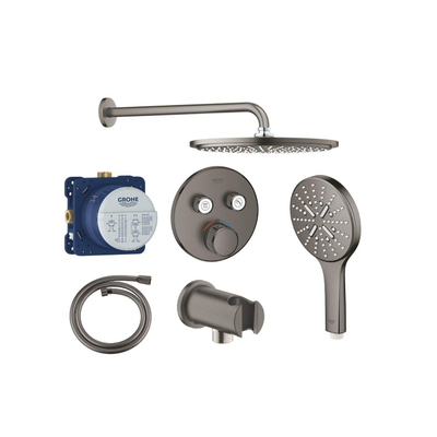 Grohe Grohtherm ensemble de douche de tête encastré - douche de tête ronde - douchette ronde - bras mural courbé - Hard Graphite brossé
