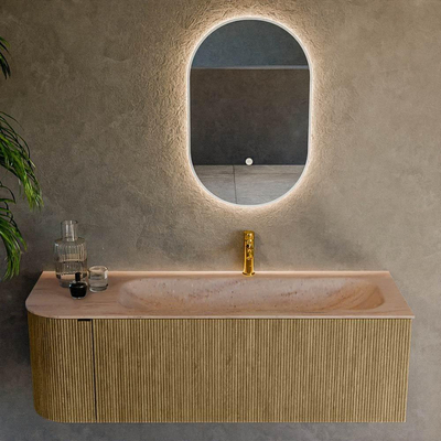 MONDIAZ KURVE-DLUX 135cm badmeubel ronding Links kleur Dusk met 1 lade en 1 deur. Wastafel BIG MEDIUM Rechts 1 kraangat Saba.