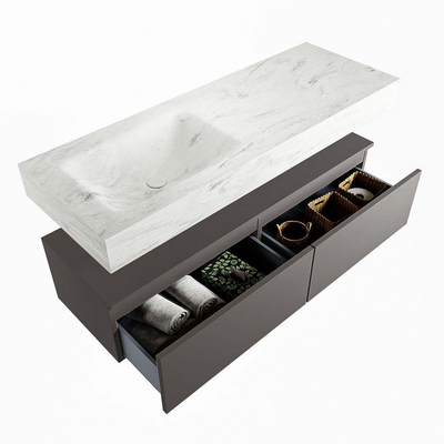 Mondiaz ALAN-DLUX Ensemble de meuble - 130cm - meuble Dark grey mat - 2 tiroirs - Lavabo Cloud Opalo suspendu - vasque Gauche - 0 trous de robinet