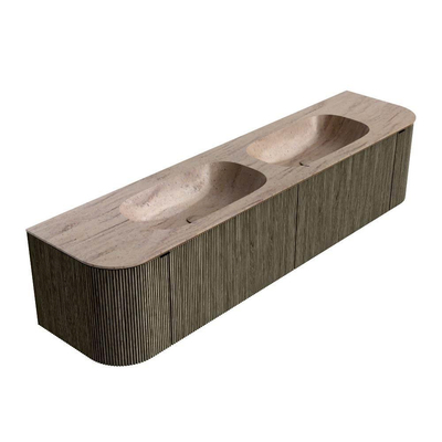 MONDIAZ KURVE-DLUX Meuble de salle de bains 190cm arrondi Gauche + Droite couleur Shadow avec 2 tiroirs et 2 portes. Plan-vasque STOR SMALL Double 2 trous de robinet Saba.