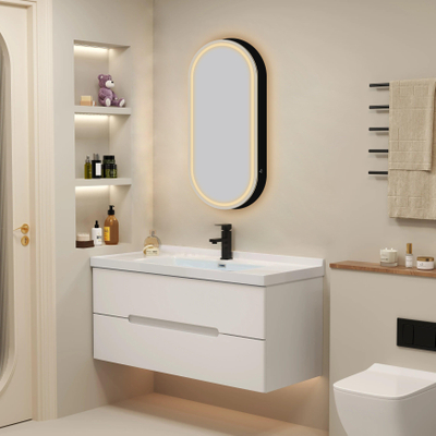 FugaFlow Eccelente Arredo Armoire de toilette miroir - 45x100x14cm - ovale - éclairage indirect LED - miroir chauffant - noir