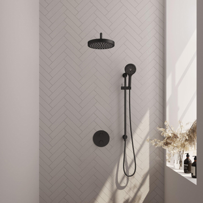 BRAUER Stripe Thermostatische Inbouw Regendouche - 3-weg - rond - SET 47 - 25cm douchekop - gebogen muurarm - 3-standen handdouche - doucheslang - geïntegreerde glijstang - mat zwart