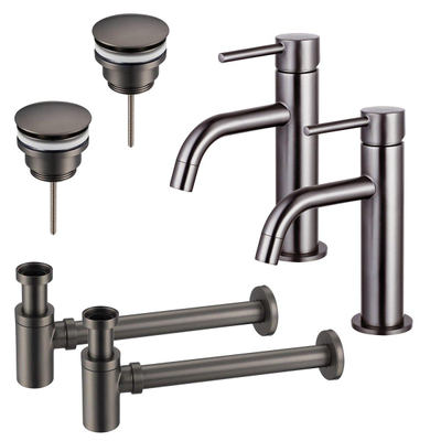 FortiFura Calvi Kit robinet lavabo - pour double vasque - robinet bas - bonde clic clac - siphon design bas - Gunmetal PVD