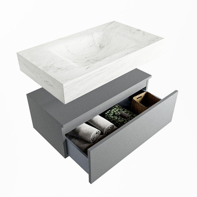 Mondiaz ALAN-DLUX Ensemble de meuble - 80cm - meuble Plata mat - 1 tiroir - Lavabo Cloud Opalo suspendu - vasque Centre - 1 trou de robinet