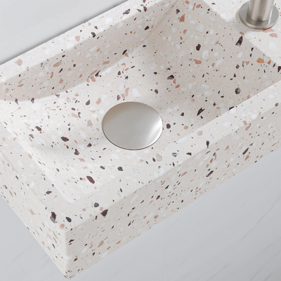 FugaFlow Eccelente Pietra Ensemble de fontaine - 40x22x10cm - trou de robinet à droite - robinet de fontaine en acier inoxydable brossé PVD - bouchon de vidange - siphon abaissé - beige mat