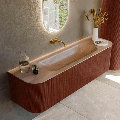 MONDIAZ KURVE-DLUX Meuble de salle de bains 160cm arrondi gauche + droite couleur Ruby avec 1 tiroir et 2 portes. Lavabo BIG MEDIUM central sans trou de robinet Saba.