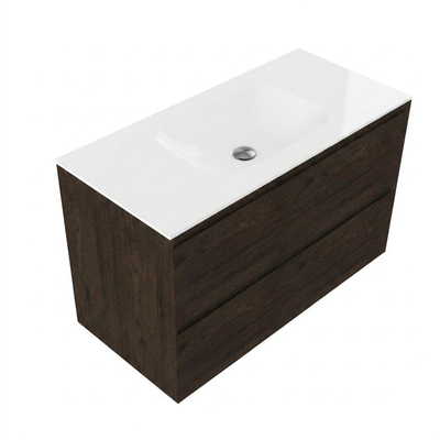 Saniclass Holz Pure Ensemble de meubles de salle de bains - 100x45x61.5cm - Flow lavabo en solid surface blanc - 1 vasque - sans trou de robinet - 2 tiroirs - chêne charcoal mat (bois)