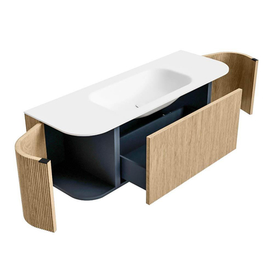 MONDIAZ KURVE Meuble de salle de bains 130 cm avec module 25 Len R couleur Oak avec 1 tiroir et 2 portes. Lavabo BIG SMALL central sans trou de robinet Talc.