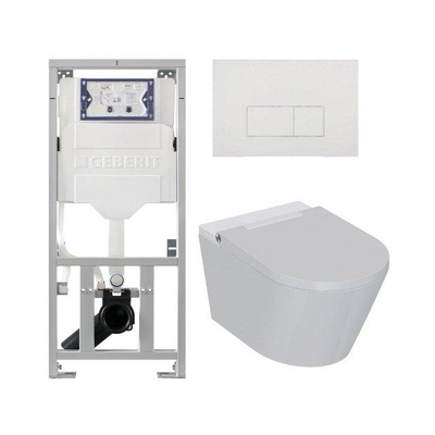 QeramiQ Luma Douche WC Set - Geberit UP320 inbouwreservoir - met Burda frame - fohn - ladydouche - mat witte metalen bedieningsplaat - rechthoekige knoppen - glans wit