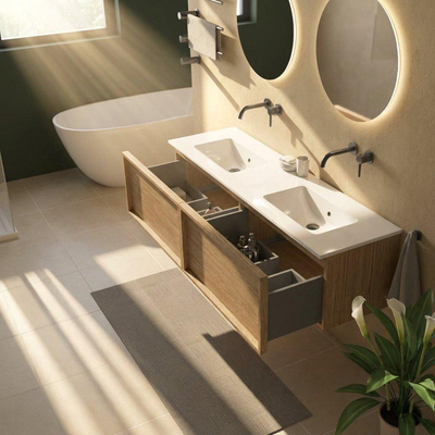 Saniclass Holz Frame Ensemble de meubles de salle de bains - 160x45x42cm - Lavabo Vygo en céramique blanc - 2 vasques - sans trous de robinetterie - 2 tiroirs - chêne natural mat (bois)