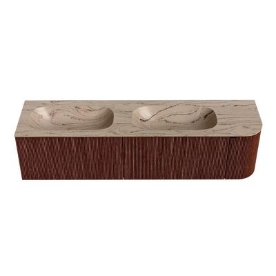MONDIAZ KURVE-DLUX meuble de salle de bains 175cm arrondi droit couleur Ruby avec 2 tiroirs et 1 porte. Lavabo STOR SMALL double / gauche sans trou de robinet Arena.