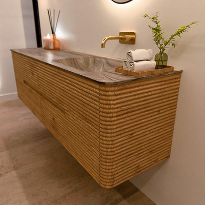 Mondiaz CIRO-DLUX Ensemble de meubles de salle de bains - 170x45x50cm - Plan vasque solid surface Sombra - 1 bassin à droite - sans trous de robinet - 4 tiroirs - Chêne