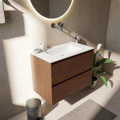 Saniclass Holz Pure Ensemble meuble de salle de bains - 80x45x61.5cm - Flow lavabo en solid surface blanc - 1 vasque - sans trou de robinet - 2 tiroirs - noyer pure mat (bois)