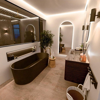 Mondiaz CIRO-DLUX Meuble de salle de bains - 120x45x50cm - vasque en solid surface Sombra - 1 bassin à gauche - sans trous de robinet - 2 tiroirs - Noyer