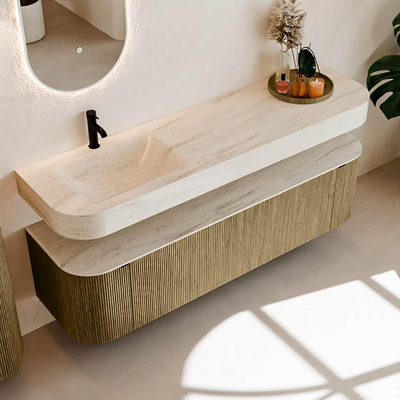 MONDIAZ THOR-DLUX 170cm meuble de salle de bains arrondi gauche + droite couleur Dusk avec 1 tiroir et 2 portes. Vasque suspendue CLOUD Gauche 1 trou de robinet couleur Meli.