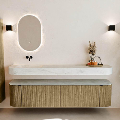 MONDIAZ THOR-DLUX 190cm meuble de salle de bains arrondi gauche + droite couleur Dusk avec 2 tiroirs et 2 portes. Vasque suspendue CLOUD Gauche sans trou de robinet couleur Opalo.