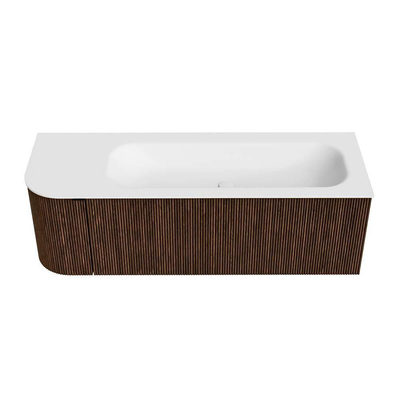MONDIAZ KURVE Meuble de salle de bains 135 cm avec module 25 L couleur Walnut avec 1 tiroir et 1 porte. Lavabo BIG MEDIUM à droite sans trou de robinet Talc.