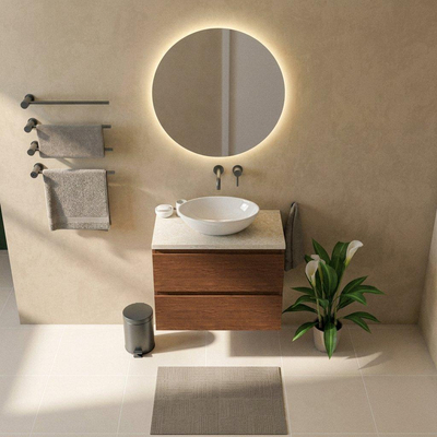Saniclass Holz Pure Ensemble meuble de salle de bains - 80x45x63cm - plan de travail en pierre naturelle travertin - sans trou de robinet - 2 tiroirs - walnut pure mat (bois)
