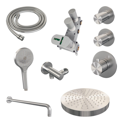 BRAUER Stripe Thermostatische Inbouw Regendouche - SET 05 - 25cm douchekop - gebogen muurarm - 3-standen handdouche - doucheslang - wandaansluitbocht - RVS-kleurig geborsteld PVD