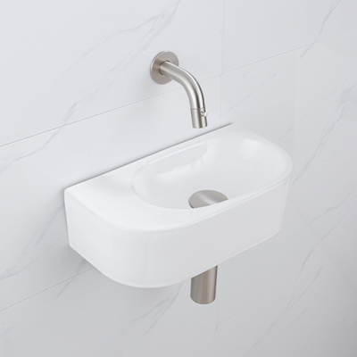 QeramiQ Fuente pack lave-mains – demi-rond – 40 x 21,5 x 12 cm – céramique blanc brillant – robinet inox brossé
