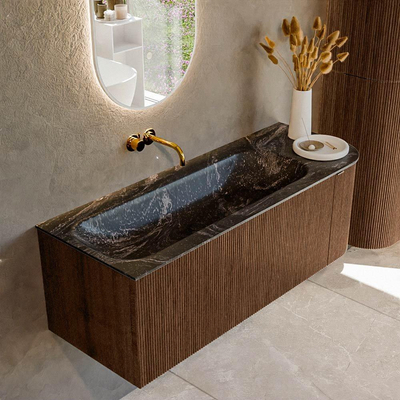 MONDIAZ KURVE-DLUX 125cm badmeubel met module 25 R kleur Walnut met 1 lade en 1 deur. Wastafel BIG MEDIUM links zonder kraangat kleur Lava.